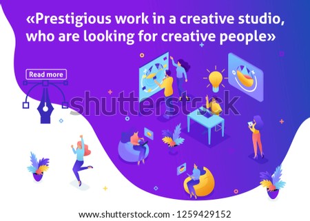 Template article banner, Isometric creative studio, creating ideas, employees develop the design. Teamwork of creative people.