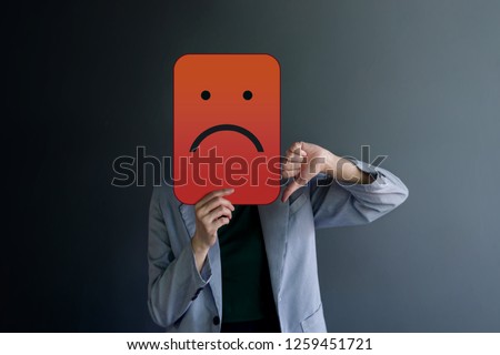 Customer Experience or Human Emotional Concept. Woman Covered her Face by Paper and present Bad Feeling by Drawn Line Cartoon and Body Language with Thumb Down