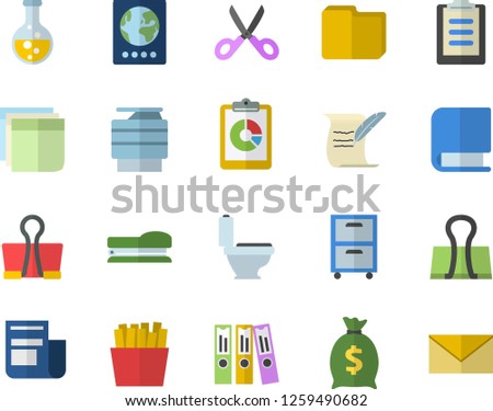 Color flat icon set toilet flat vector, scissors, French fries, chemistry, graphic report, wealth, news, clipboard, computer file, sticker, folder, copy machine, archive, book, stapler, hostory roll