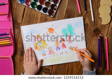 Photo of a children's picture on a theme - My happy family, painted with colored pencils. Psychological testing of the child using the picture.