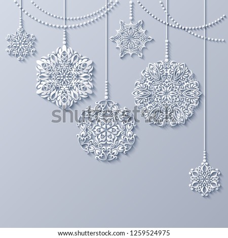 Modern vector decorative ornamental Christmas tree toys. Trendy craft style illustration. 3d effect imitation card