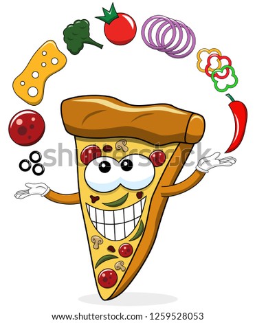 Pizza slice cartoon juggler toppings funny isolated on white