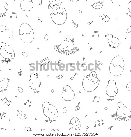 Black and white seamless pattern with hatching chicks, chirping chicks, eggs, eggshell pieces, notes, treble clef. Cute cartoon style background. Hand drawn doodle backdrop for Easter