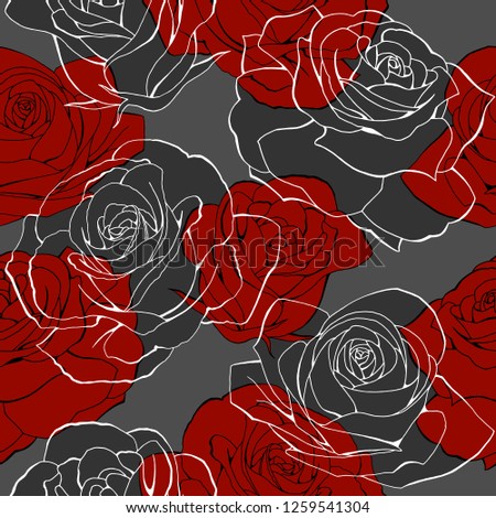 Red rose flower bouquets contour elements vector seamless pattern on gray and dark. Happy mother day, womens day, girls birthday, Valentines day. Gift box paper, textile, linen, dress print design