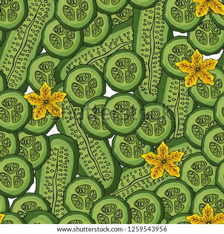 Seamless pattern. Cucumbers in section. Endless image. Hand-drawn. Vector illustration.