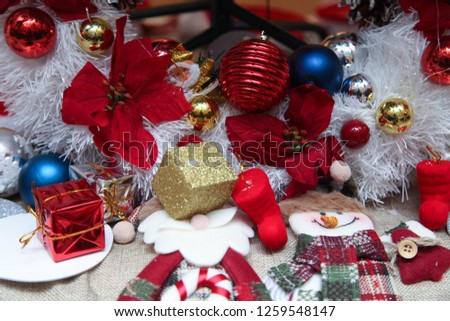 Christmas decorations and balls, stars, gift boxes