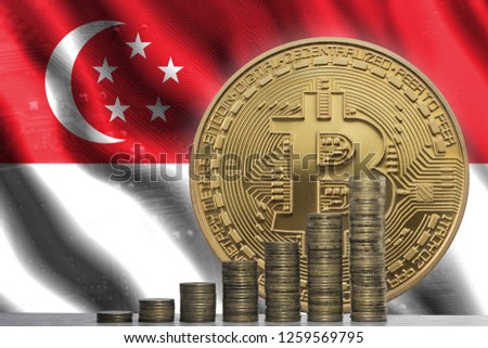 Bitcoin and stacks of coins on the background of the flag of Singapore.