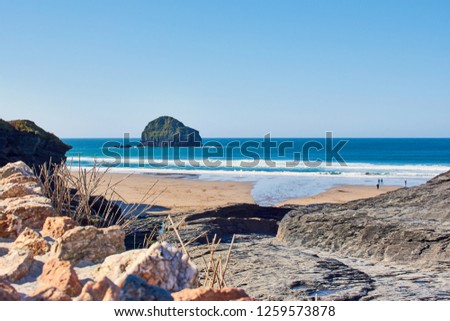 Trebarwith strand and gull rock, Cornwall, color picture with copy space