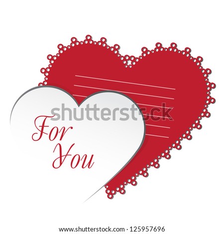 St. Valentine's Day. Card with white heart on white Background. Taken red card for text. Grouped for easy editing. Perfect for invitations or announcements.