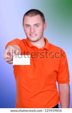 portrait of; man holding blank business card
