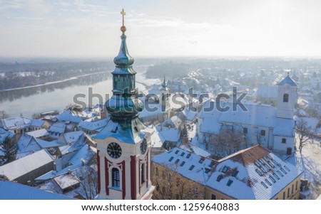 
Church of the Assumption, Belgrade Cathedral, Szentendre, Hungary aerial drone panoramic view in winter stock photo.
