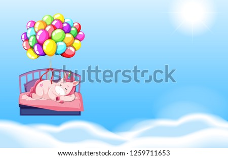 Unicorn sleeping in bed sky background illustration