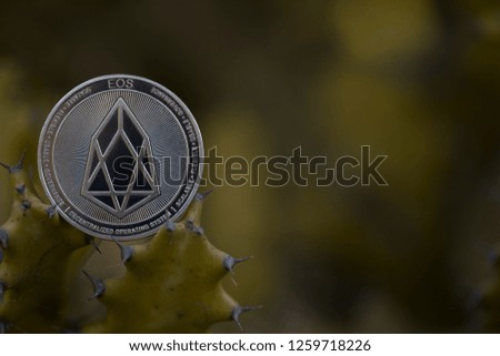 Eos cryptocurrency physical coin placed on Cactus spikes. Framed on the left.