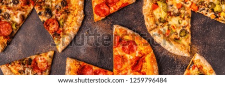 Set of different pizzas, top view.