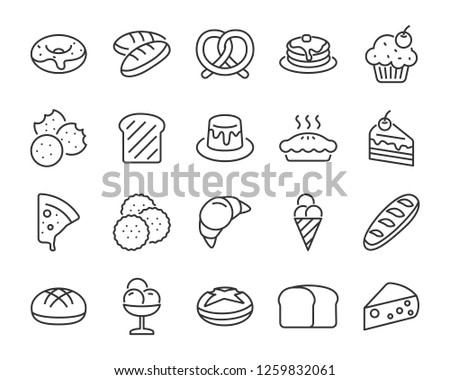 set of bakery icons , such as bake, bread, toast, pie, waffle, pizza, donut, cake