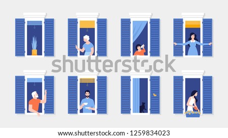 People in window frames . Neighbors that live in apartments. The facade of the house. Vector flat illustration Royalty-Free Stock Photo #1259834023