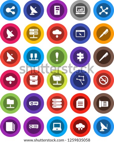 White Solid Icon Set- pen vector, notebook pc, document, archive, laptop graph, no smoking, signpost, attention, satellite antenna, newspaper, network, server, folder, cloud exchange, big data