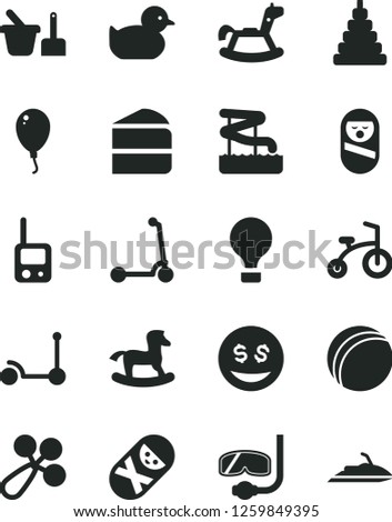Solid Black Vector Icon Set - baby rattle vector, duckling, bath ball, stacking toy, roly poly doll, tumbler, phone, sand set, rocking horse, small, balloon, child bicycle, Kick scooter, dollar eyes