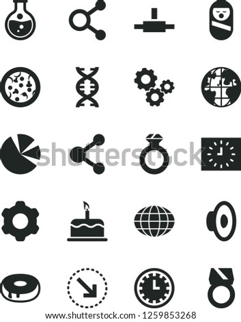 Solid Black Vector Icon Set - clock face vector, loudspeaker, roly poly doll, cogwheel, cake, right bottom arrow, pizza, with a hole, round flask, connection, connections, gears, globe, planet, dna