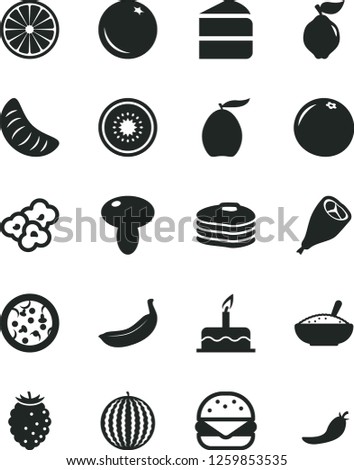 Solid Black Vector Icon Set - cake vector, pizza, big burger, mushroom, piece of, a bowl rice porridge, grill chicken leg, popcorn, pancakes, orange, quince, tasty raspberry, water melon, loquat