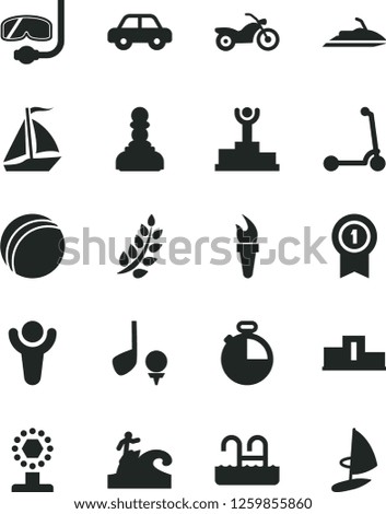 Solid Black Vector Icon Set - bath ball vector, motor vehicle, child Kick scooter, timer, flame torch, winner, laurel branch, pedestal, podium, cup, pawn, medal with pennant, sail boat, motorcycle