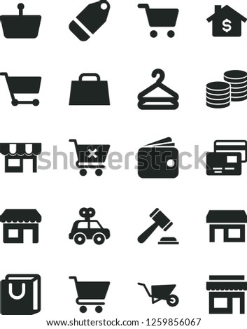 Solid Black Vector Icon Set - hammer of a judge vector, motor vehicle present, building trolley, cart, crossed, bag with handles, cards, kiosk, coins, hanger, label, stall, shopping, basket, wallet