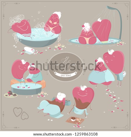 
Cute cartoon spa time character set. Two hearts in love relax in the spa salon. Concept, emblems, elements for Valentine's Day. Spa treatments. Vector illustration.