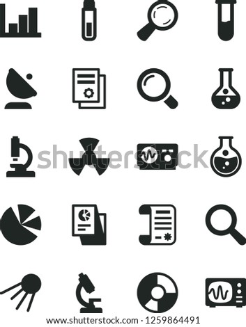 Solid Black Vector Icon Set - magnifier vector, negative histogram, artificial satellite, round flask, radiation, antenna, ring diagram, pie charts, statistical research, article, test tube