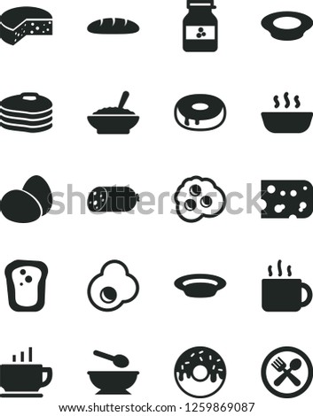 Solid Black Vector Icon Set - deep plate with a spoon vector, coffee, sausage, piece of cheese, eggs, loaf, cake hole, glazed, bowl buckwheat porridge, hot, milk, cup tea, fried egg, omelette, cafe