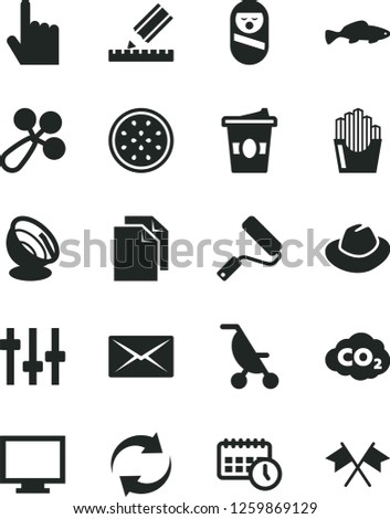 Solid Black Vector Icon Set - monitor vector, clean paper, hat, renewal, baby rattle, summer stroller, roly poly doll, new roller, drawing, index finger, fried potato slices, small fish, coffe to go
