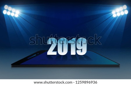 Phone on Bright stadium lights vector design.Happy new year 2019 background. vector illustration