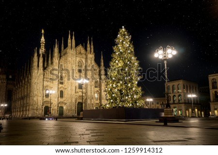 Milan (Italy) in winter: Christmas tree in front of Milan cathedral, Duomo square in december, night view. Starry sky. Royalty-Free Stock Photo #1259914312