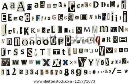 Newspaper magazine alphabet with numbers and symbols