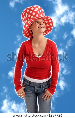Stock photo: happy woman, clouds in the background