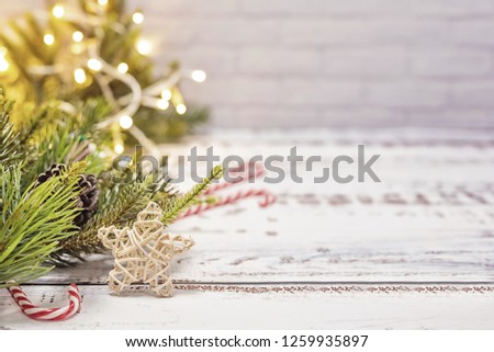 Christmas and Happy New Year background. Winter season holiday with decoration and copy space for text.