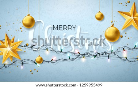 Christmas Illustration with Glowing Colorful Lights Garland for Xmas Holiday and Happy New Year. Greeting Cards Design on Shiny Blue Background.