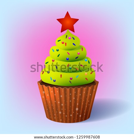 Christmas cupcake with green cream in the form of a Christmas tree with a Bethlehem star on a color gradient background