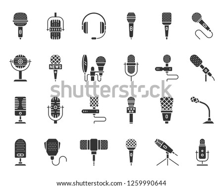 Microphone silhouette icons set. Web sign kit of mic. Journalist Interview pictograms of conference technology, song, vocal. Simple voice recorder black symbol isolated on white. Vector Icon shape