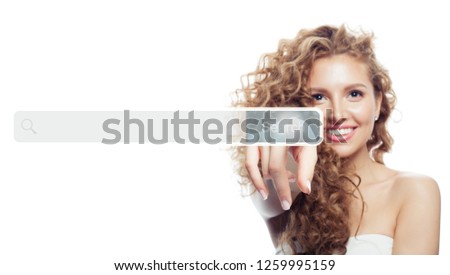 Female hand with empty address bar in virtual web browser isolated on white background