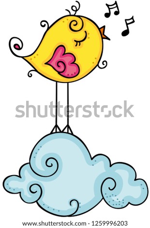 Cute yellow bird singing on cloud
