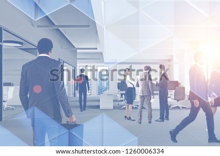 Business people walking and talking in open space office interior with triangular pattern. Toned image double exposure