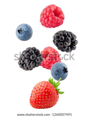 Falling wild berries mix, strawberry, raspberry, blueberry, blackberry, isolated on white background, clipping path, full depth of field Royalty-Free Stock Photo #1260007495
