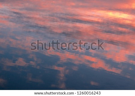 Water reflection in the lake of a beautiful view of the sky and clouds. Trend background in Coral color. Color of the year 2019.