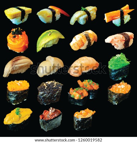 Sushi Menu in Japanese food is popular among eaters around the world. It is also a symbol of the culture of Japan. The main raw materials are rice and fish. This Picture include Clipping Path.