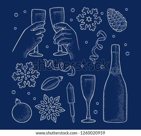 Christmas and New Year set. Toy, serpentine, rocket, snowflake, pine cone, champagne bottle. Female and male hands clinking two glasses. Vector vintage white engraving illustration isolated on blue