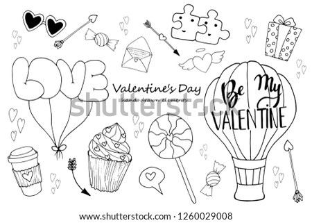 
Monochrome and cute vector set for Valentine's Day. A lot of cartoon elements for valentine day designs: letter, candy, cupcake, present box, hearts, balloons, lollipop and others. 