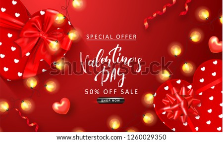 Valentine's Day sale background. Top view on composition with gift boxes, hearts, glowing garland and serpentine. Vector illustration for website , posters, ads, coupons, promotional material.