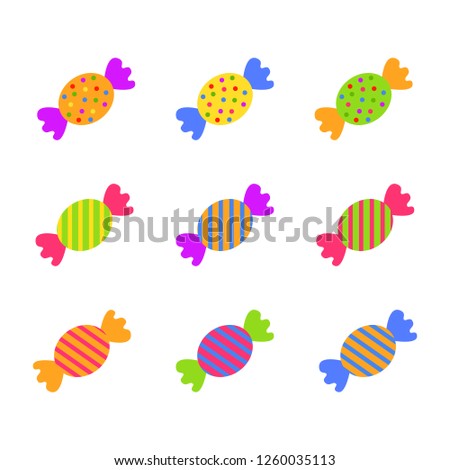 Sweet colorful candies flat icon set isolated vector illustration on white background. Cartoon.