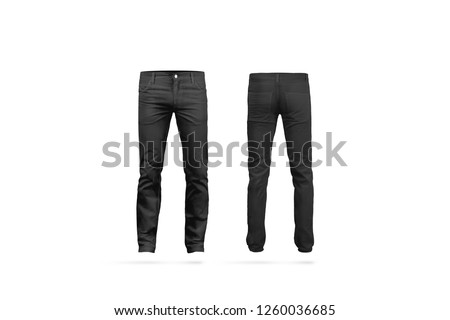 Blank black mens pants mock up, isolated, front and back side view. Empty classic male trousers mockup. Clear denim clothing for work template. Casual jeans for office uniform. Royalty-Free Stock Photo #1260036685