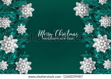 Christmas Party invitation greeting card paper snowflakes in a fir pine tree branches vector illustration - Vector